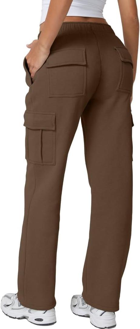 QINSEN Baggy Medium Waist Elastic Sweatpants for Womens Casual Long Fleece Cargo Pants with Pockets (Chestnut) M