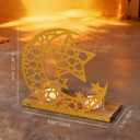 Gold Ramadan Decorations for Home, Star and Crescent Moon Silhouette Tealight Candle Holder with 2 Glass Votives, Wooden Tray Eid Mubarak Table Decor Centerpiece, Islamic Ramadan Kareem Gifts