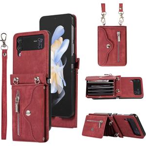 Asuwish Phone Case for Samsung Galaxy Z Flip 4 5G 2022 Wallet Cover with Wrist Crossbody Strap Lanyard Credit Card Holder Stand Shoulder Slot Leather Cell Accessories ZFlip4 Z4 Flip4 4Z Women Men Red