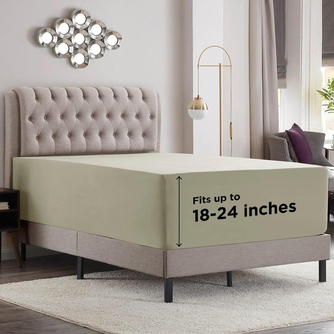 Empyrean Light Green Fitted Sheet Extra Deep Pocket, Hotel Luxury Cal King Fitted Sheet Only Easily Fits 18 to 24 Inch Mattress, Super Soft, Wrinkle-Free, and Breathable with Corner Straps