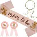 Tiamon Bear Theme Mom to Be Sash Baby Shower Dad to Be Pin and Flower Crown Headband for Gender Reveals Party Baby Shower Party Favors Decorations for Boys and Girls Pregnancy Props Keepsake (Pink)