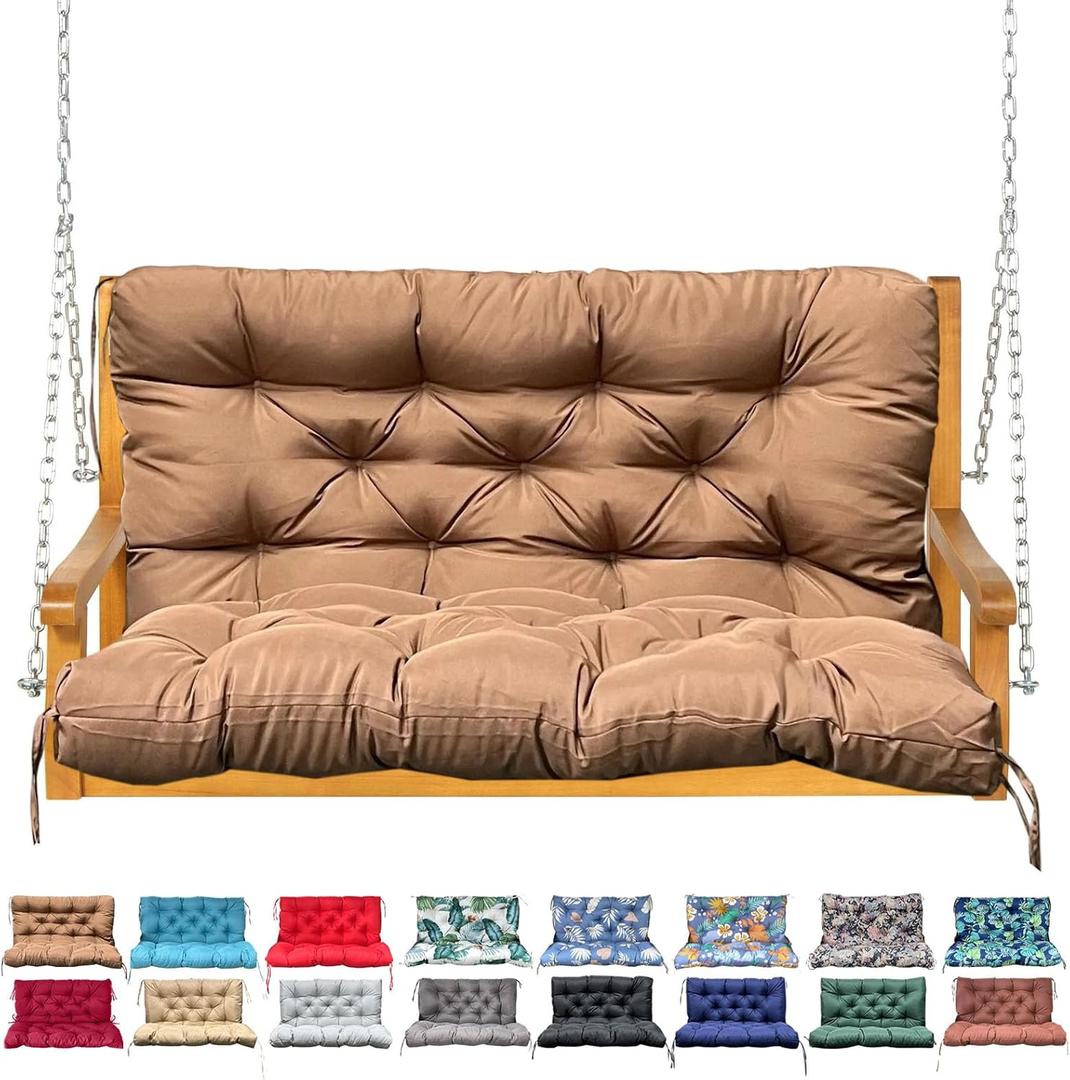 Porch Swing Cushion with Backrest,Waterproof Bench Cushion for Outdoor Furniture,2-3 Seater Replacement Thickened swing cushion with Ties,Patio,Outdoor,Backyard and Garden (Light Coffee,47x40")