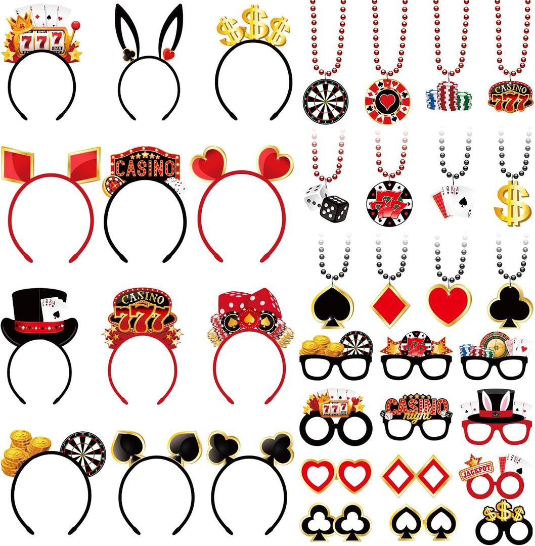 36 Pcs Casino Night Party Favors Casino Theme Felt Headband Eyeglasses Beaded Necklaces Dice Dollar Sign Poker Party Decorations Accessories for Las Vegas Game Night Decor Photo Prop Supplies