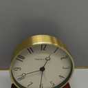 Presentime & Co Mozart Mantel Alarm Clock, Desk and Shelf Clock, Tabletop Decoration, 6 x 5.5 inch, Silent no Ticking, Wooden Base, Walnut Finish, Golden Color, Arabic Numeral