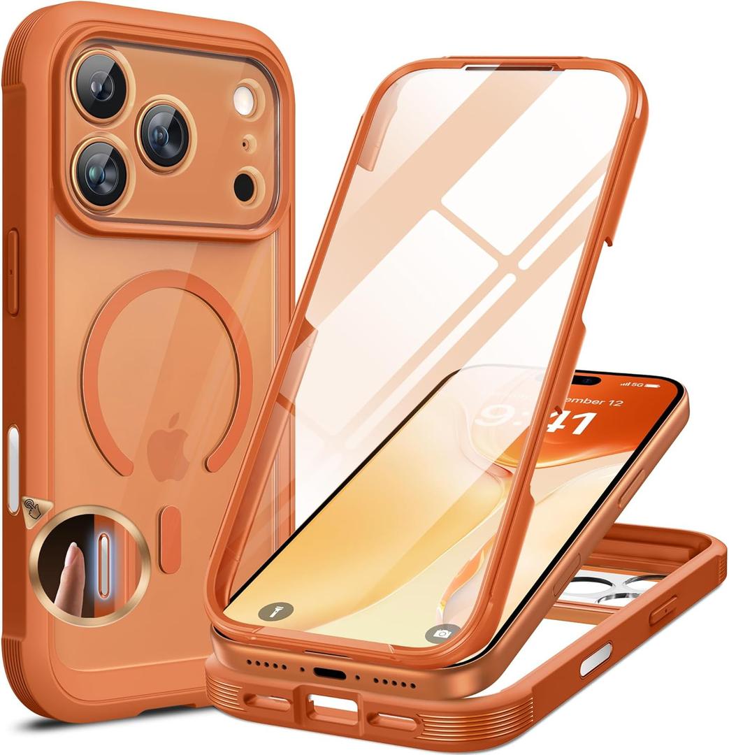 Miracase for iPhone 17 Pro Max Case 6.9" Full-Body Phone Case with Built-in Glass Screen Protector & Full Camera Protector, [Magnetic with MagSafe] Drop Proof 17 ProMax Cover, Orange