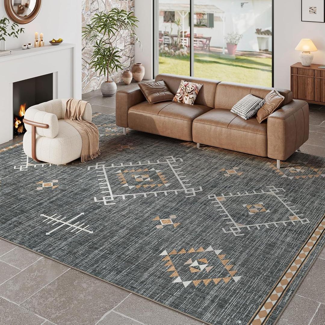 ILANGO Area Rug 8'x10' for Living Room Bedroom Washable Moroccan Boho Rugs for High Traffic Area Non Slip & Non-Shedding Rugs Fade Resistant Carpet for Kitchen Office (Dark Grey)
