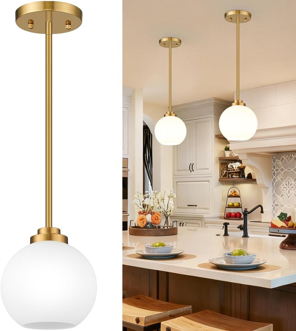 2 Pack 7.2-Inch Globe Pendant Lights, Mid Century Gold Pendant Light Fixtures, Globe Pendant Lights Kitchen Island with Milk Glass Shade Adjustable Hanging Fixture for Dining Room (Bulbs not Included)