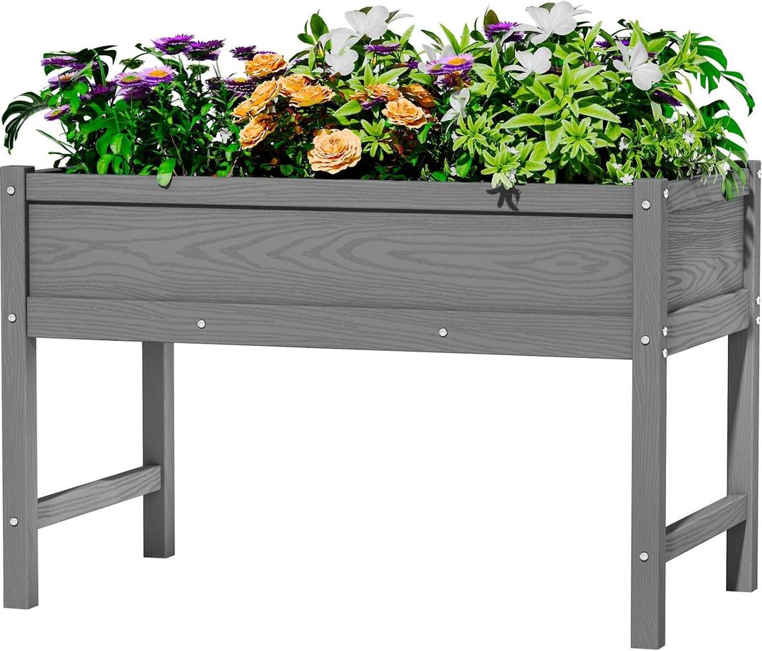 Weatherproof Raised Garden Bed, HDPE Outdoor Elevated Planter Box with Legs, Garden Box, Flower Beds for Patio, Deck, Balcony (Grey), 39x21x25in