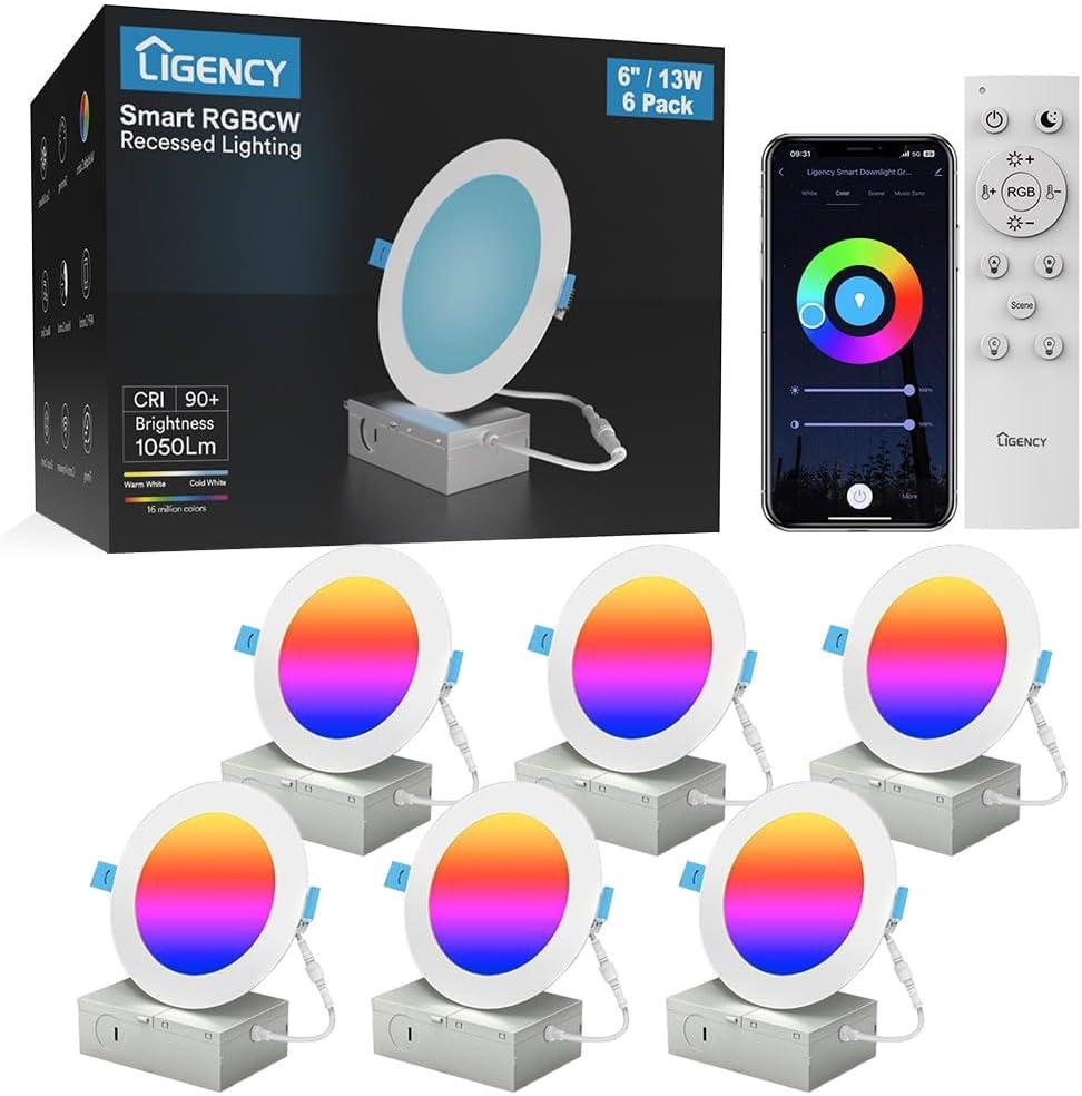 Ligency Smart Recessed Lighting 6 inch, 6 Pack 13W Ultra Thin Canless WiFi Ceiling Light Compatible with Alexa, RGBCW Color Changing Dimmable Retrofit LED Downlight with Junction Box