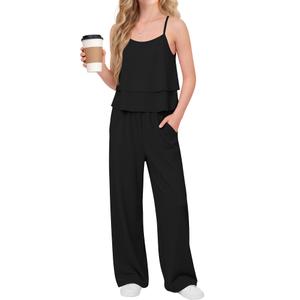 Custoneei Girls 2 Piece Outfit Sets Tween Ruffle Hem Summer Camisole Tops Straight Pants with Pockets Teens Clothes 5-14Y(Black,9-10 Years) (Black)