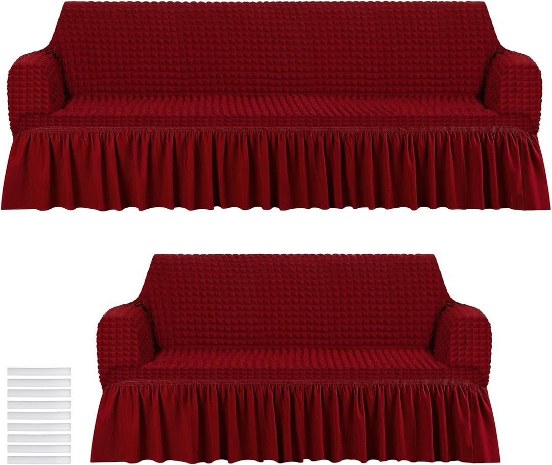 2 Pcs Sofa Slipcover Set for Couch Cushion Couch Cover with Skirt Durable Washable High Elastic Stretchable Furniture Covers for Sofa Loveseat Couch Arm Chair(Wine Red)