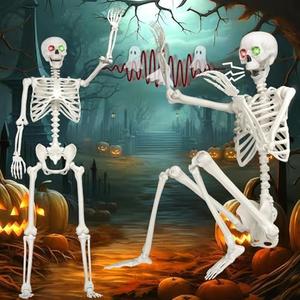 6Ft/185cm Halloween Skeleton Decoration, Large Posable Life Size Skeleton with Glowing Eyes Creepy Sound, Halloween Giant Skeleton Outdoor Indoor Decor for Yard, Haunted House Props, Spooky Party