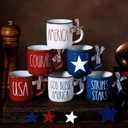 6 Pcs 4th of July Mini Coffee Mugs Patriotic Independence Day Tiered Tray Decor Farmhouse Mini Coffee Cups with Ribbons Centerpieces for Housewarming Gifts (Retro Star)(Retro Star)