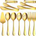 11 PCS Serving Utensils, Large Stainless Steel Spoons Forks Tongs, Pie Server, Great for Hostess Buffet Catering Banquet Party, Gold
