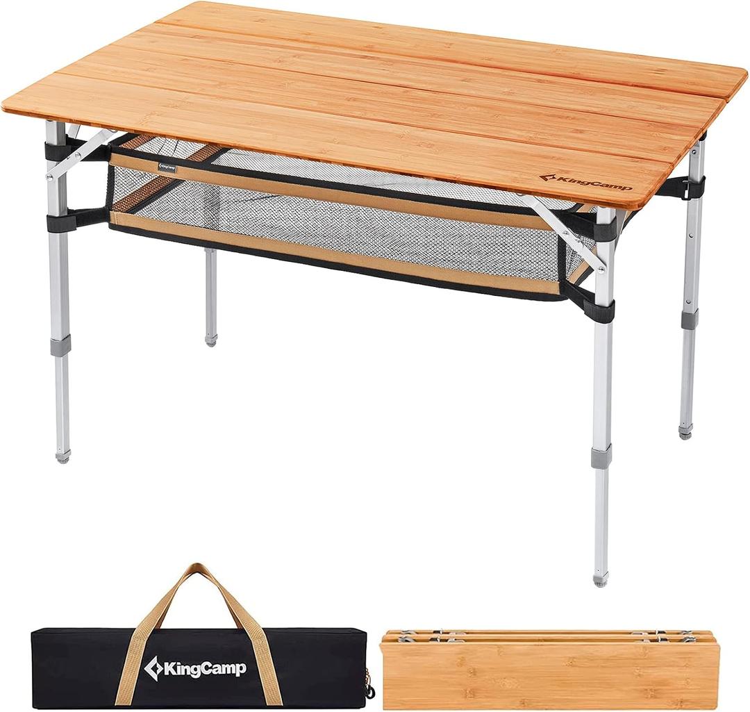 KingCamp Bamboo Folding Camping Table Adjustable. Supports 176lbs with A Premium Bamboo Top and 3 Adjustable Heights, Ideal for Stable Dining or Cooking at Picnics, RVs, and Glamping Sites