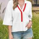 Saodimallsu Womens Short Sleeve Sweater Tops V Neck Collared Oversized Color Block Casual Summer Knit Polo Shirts
