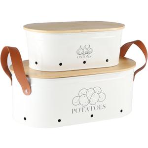 Xbopetda Potato and Onion Storage Bin, Metal Potato Storage with Bamboo Lid & Handle, Potato Bin Onion Holder with Aerating Holes, Kitchen Pantry Storage Bin for Onion Potato Vegetable Produce - White