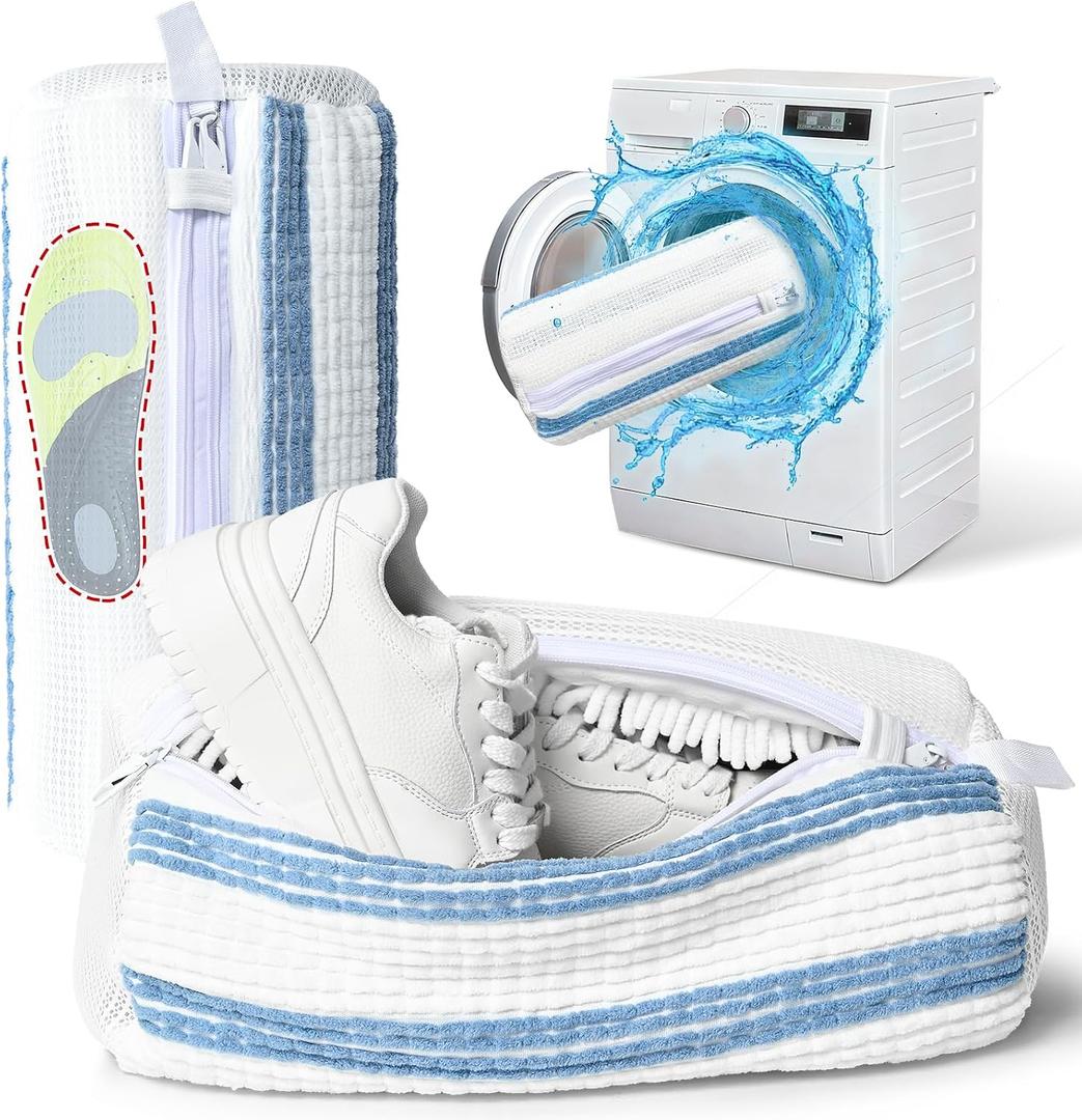2 x Anybar Shoe Washing Machine Bag Sneaker Laundry Bags Cleaning Shoes- for Washer and Dryer Microfiber Sneakers Shoe Wash Bag with Self Locking Zipper 2PCS Reusable Cleaner Bags (Blue White)