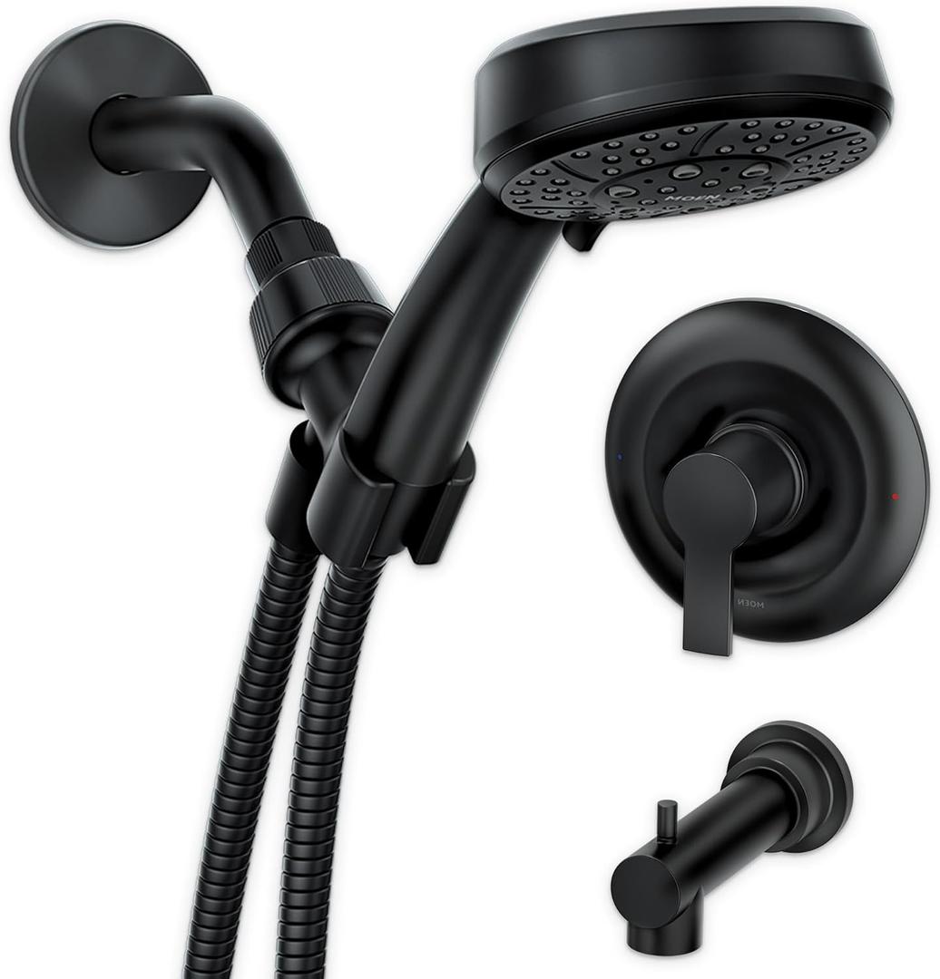 Moen Meena Matte Black Single Handle Modern Shower Faucet Set with Handshower and Tub Spout for Bathtub, Valve Included, 82618BL