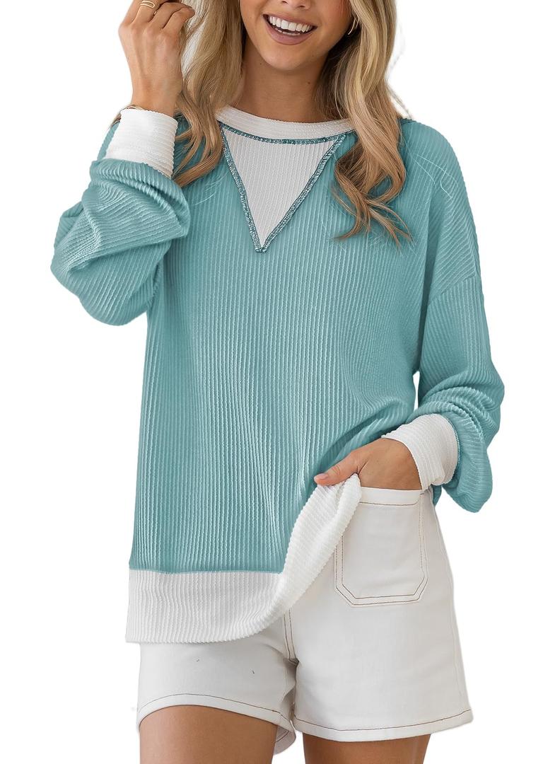 BLENCOT Long Sleeve Shirts for Women Crewneck Knitted Color Block Tunics Blouses Fall Fashion Tops Winter Lightweight Business Casual Top Large Myosotis (L)