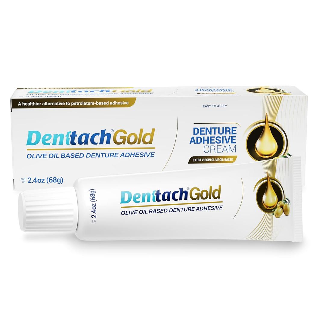 Denttach Gold Denture Adhesive, Petroleum Free Olive Oil Based Premium Denture Adhesive Cream for Full and Partial Dentures, All Day Secure Hold Denture Glue, Zinc Free, 2.4 Ounce