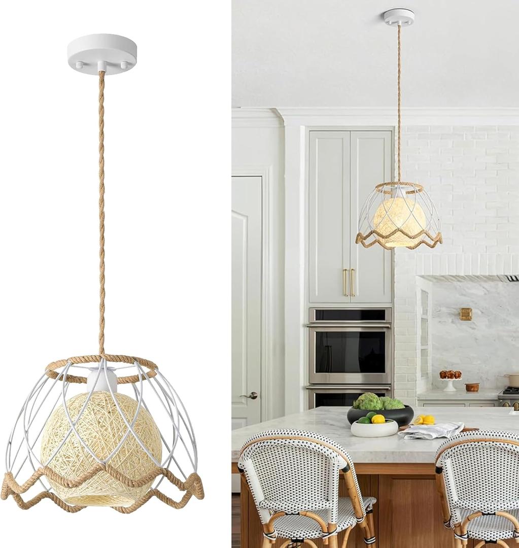 Pendant Lights Kitchen Island, Boho Rattan Hanging Lamp with Handwoven Spherical Shade, Hardwired Chandelier Pendant Light Fixture for Dining Room, Bedroom, Hallway, Entryway (1 Pack)