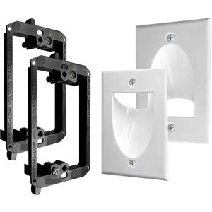 2 Pack Wall Plate Cable Pass Through with Bracket - In Wall Cable Management Kit - Recessed Cable Wall Plate Pair with Single Gang Low Voltage Mounting Bracket - Decorator Cover for Low Voltage Cables (White)