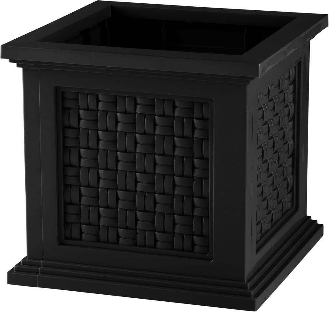 Rattan Style Outdoor Planter Box - 14.65-Inch-Square Decorative Flower or Plant Pot - Garden, Patio and Front Porch Decor by Pure Garden (Black)