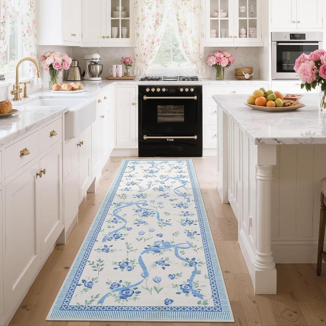 GarveeHome Runners for Hallways Non Slip, 2.5x8 Kitchen Runner Rug Blue and White Rugs for Bedroom Girls, Low Pile Soft Washable Runner Floral Bow Rug for Nursery Dorm Entryway