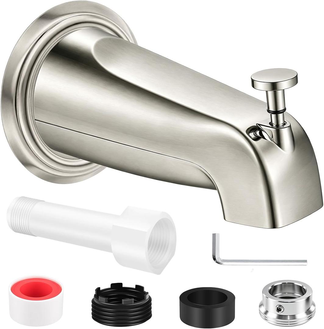 Universal Brushed Nickel Tub Spout with Diverter, Metal Cover and Adapter | Pull Down Bathroom Tub Faucet Replacement, for 1/2" Copper Pipe, 1/2" IPS & 3/4" IPS threaded, Bathtub Spout with Hex Wrench