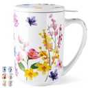 GBhome Tea Mug with Infuser and Lid, 18 Ounce Large Ceramic Loose Leaf Cup, Microwave, Dishwasher Safe, Perfect for Tea Lovers (Blue Petal)