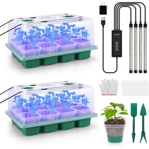 BlumWay Seed Starter Tray with Grow Light,24 Pack 2.9 inch Reuseable Clear Nursery Pots with Silicone Base/Humidity Dome for Deep-Rooted Seedlings,Adjustable Timed Light Plant Starter Set