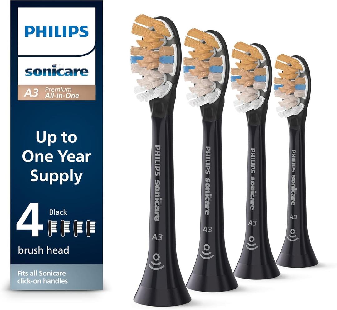 Philips Sonicare A3 All-in-One - Genuine Replacement Electric Toothbrush Heads, Black, 4 Pack One Year Supply, HX9094/95