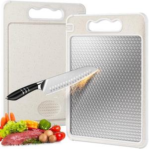 Double Sided 304 Stainless Steel & Wheat Straw Cutting Board, 14.4"*9.8" Non Toxic Lightweight Chopping Board, Separately Handle Meat and Vegetables, Dishwasher Safe, Scratch Resistant Mesh Design