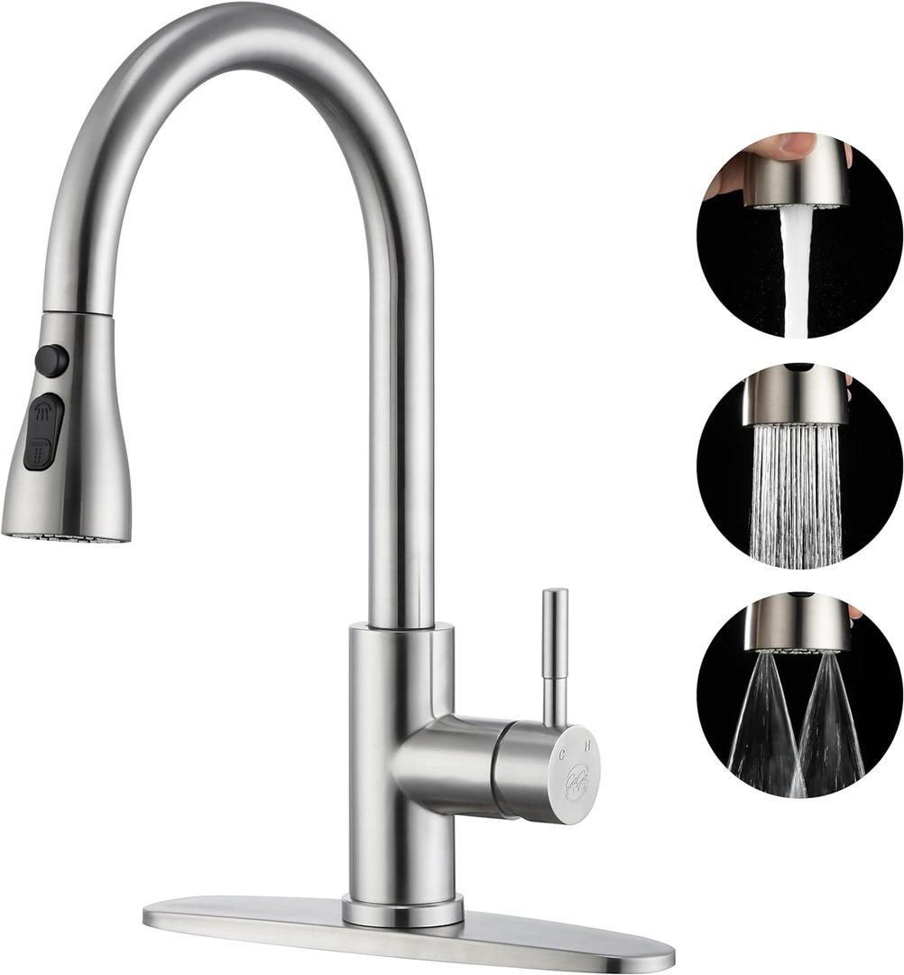 Kitchen Faucet with Pull Down Sprayer - High Pressure Blade Spray Kitchen Sink Faucet, Modern High Arc Stainless Steel Brushed Nickel Kitchen Faucet with 3 Spray Modes, Kitchen Faucets for 1 or 3 Hole