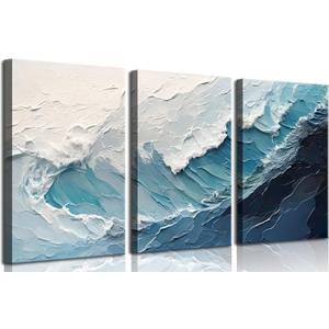 3Pcs Blue Abstract Wave Canvas Wall Art Modern Neutral 3D Textured Ocean Landscape Pictures Wall Decor Blue and White Coastal Posters Prints for Living room Bedroom 16x24in