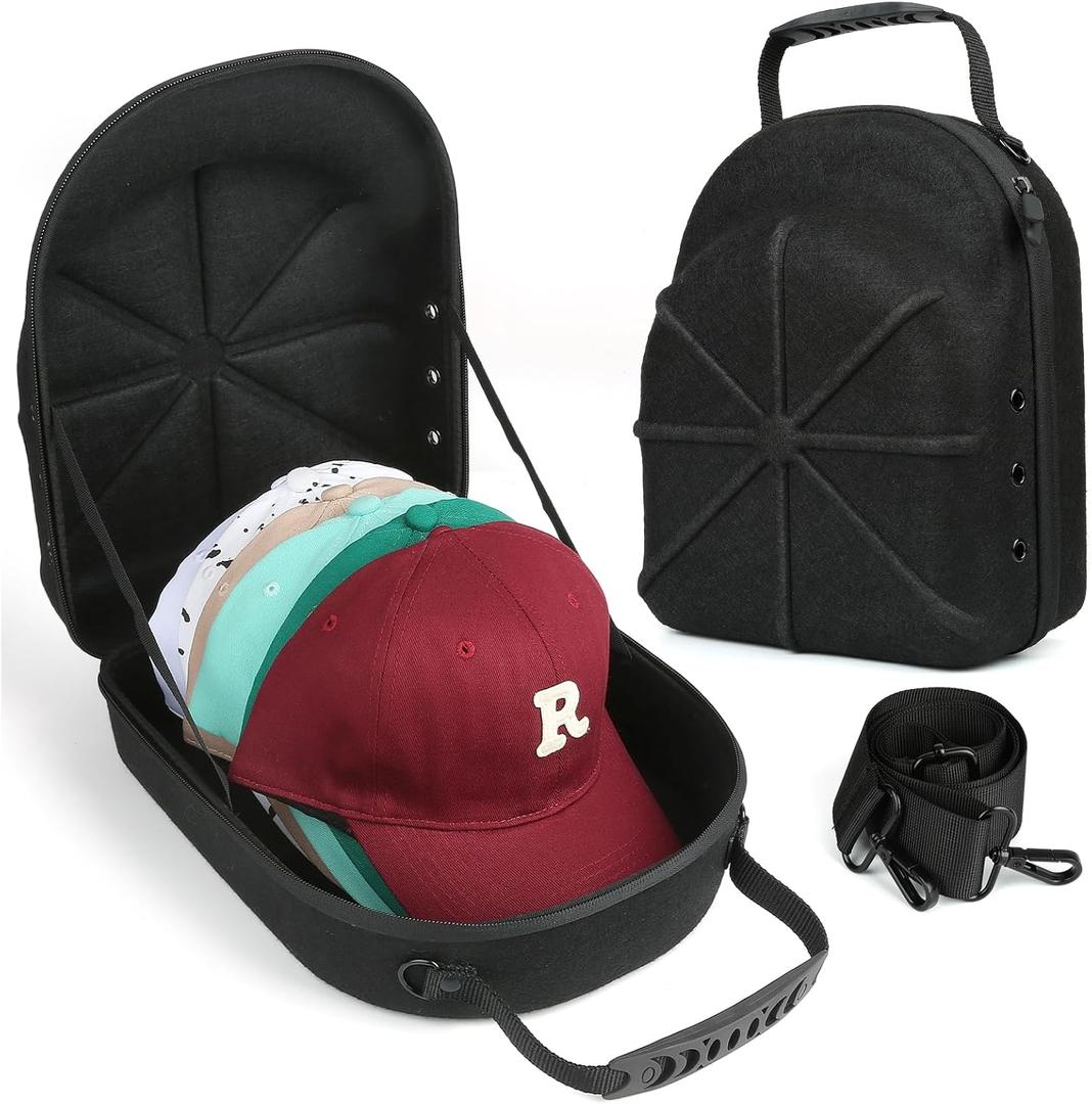 Hard baseball hat case, Hat Carrier Travel Case with Adjustable Shoulder Strap, Hat cap case for 6 Baseball Caps - Perfect for Traveling (Black)