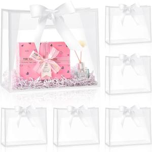 Ohuimrt 12 Pack Clear Plastic Gift Bags with Handles, Reusable Party Favor Bags with Ribbon for Wedding, Bachelorette Party, 12 x 10 x 5 Inch (White)