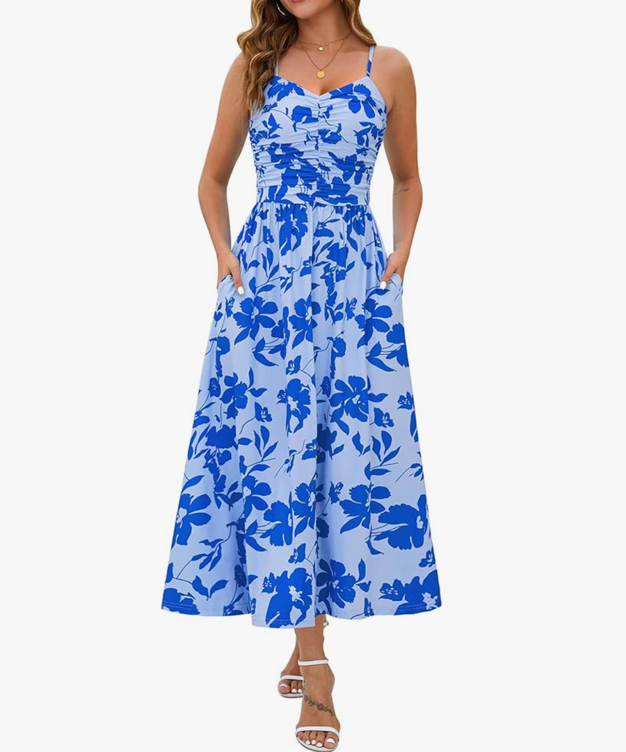 Annebouti Women 2025 Summer Fall Ruched Maxi Dress Adjustable Spaghetti Strap Floral Beach Long Sundress with Pockets, Size large