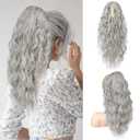 SEIKEA 18" Ponytail Extension Claw, PT002 Tia Long Multi Layered Hair Fluffy Thick Wavy Curly Clip in Hair Extensions Ponytail Natural Soft Synthetic Hairpiece for Women Silver Mist Grey