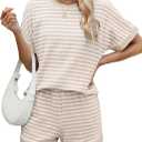 iChunhua Womens Striped Knit Sets 2 Piece Outfits 2025 Summer Crew Neck Short Sleeve Tops Shorts Lounge Sets with Pockets (Small, Beige)