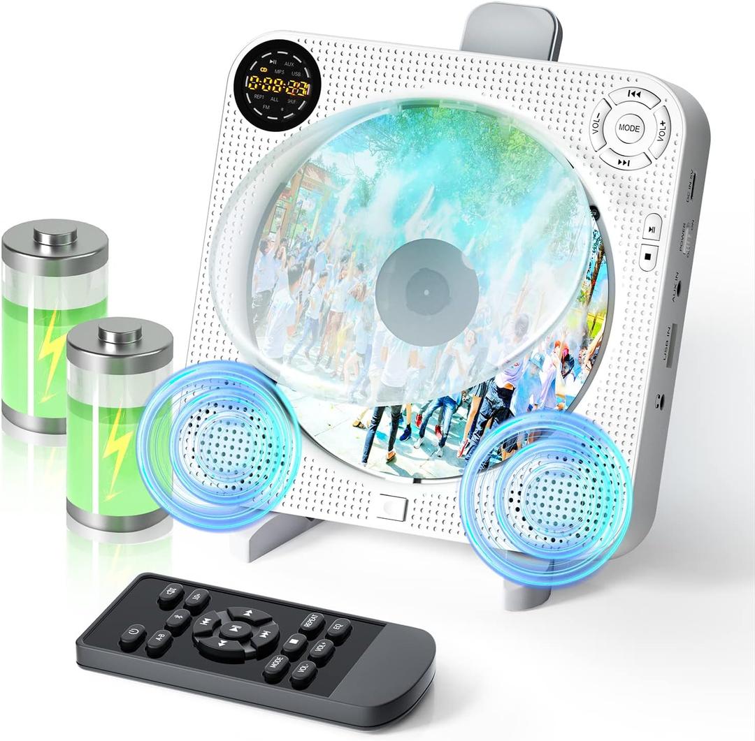 Desobry Portable Bluetooth CD Player with Speakers Wall CD Player for Home with Remote Control FM Radio Digital Screen Headphone Jack Support AUX (White 2)