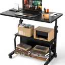 QZMDSM Portable Rolling Desk on Wheels Adjustable Height Desks for Small Spaces, 32" Computer Desk Drafting Tables with Storage Shelves for Home Office Black