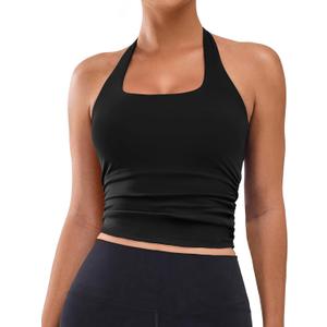 BMJL Womens Halter Built in Bra Workout Sports Tank Tops Buttery Longline Stappy Gym Crop Tops (Medium, Black)