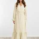 MASCOMODA Women Maxi Dress 2025 Fall Long Sleeve V Neck Swiss Dot Boho Smocked High Waisted A-Line Tiered Flowy Long Dresses (S)