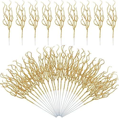 Jutom 30 Pcs Glitter Christmas Tree Pick 13.7 x 2.7 Inch Curly Tall Tree Filler Branches Sprigs and Twigs Decorations for Christmas Vase Xmas Gift Wedding Decoration(Gold)