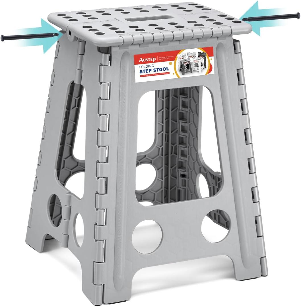 ACSTEP Folding Step Stool 17.5 Inch Heavy Duty Step Stool Foldable for Adults and Kids, Collapsible Stepping Stool with Handle, Non Slip Folding Stools for Kitchen Hold Up to 400lbs (Grey 1PC) (Gray)