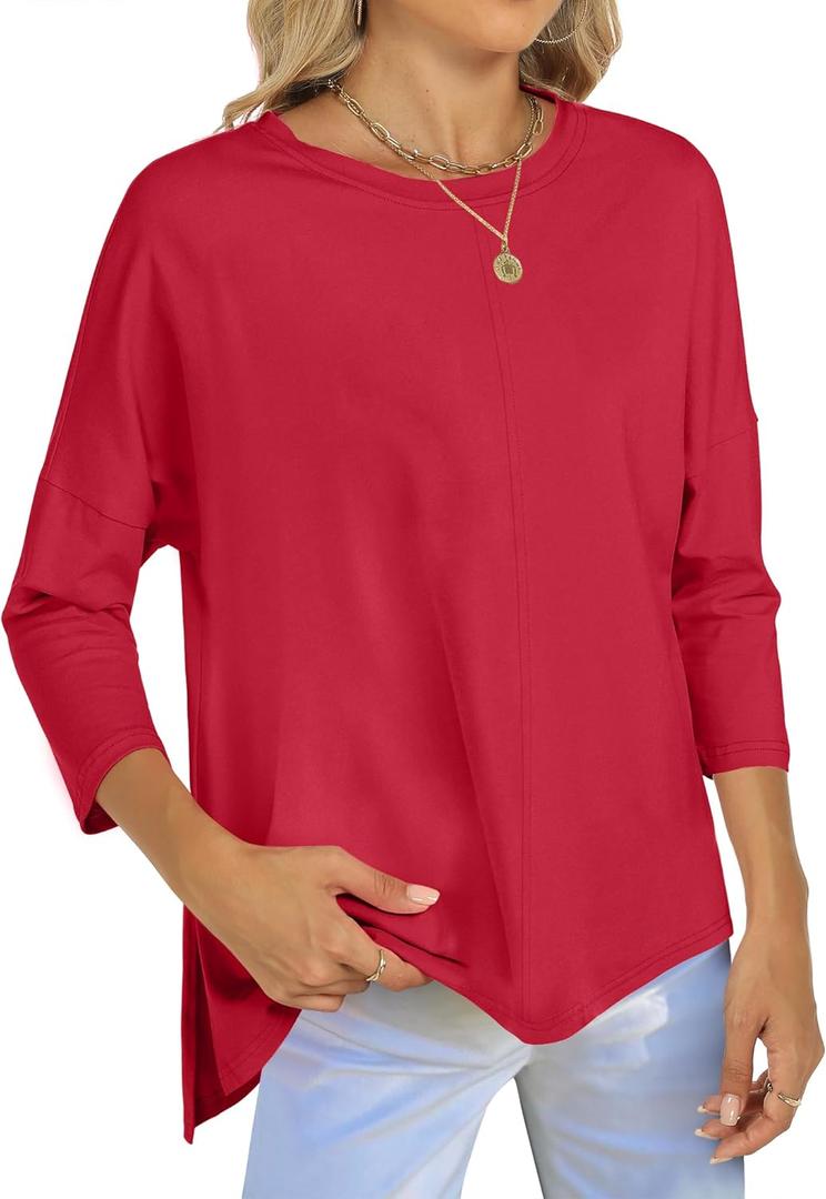 ANRABESS Womens 3/4 Length Sleeve Tops Loose Fit Tunic Shirts Oversized Spring Summer Casual Crew Neck Basic Boxy Tee (Red, M)