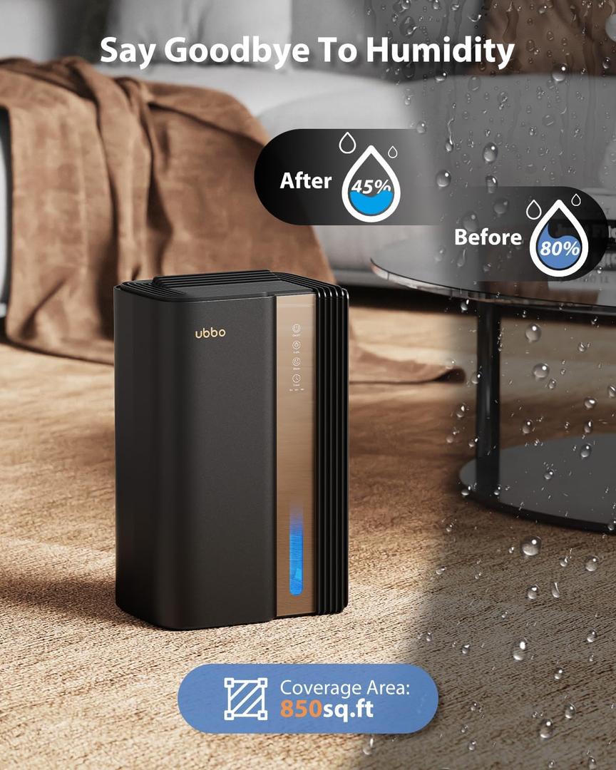 UBBO Dehumidifiers for Home, 850 sq.ft 95oz Dehumidifier with Drain Hose Timer Sleep Mode Auto-Off 7 Colors Light, Dehumidifiers for Basements Bathroom Bedroom RV Black Gold