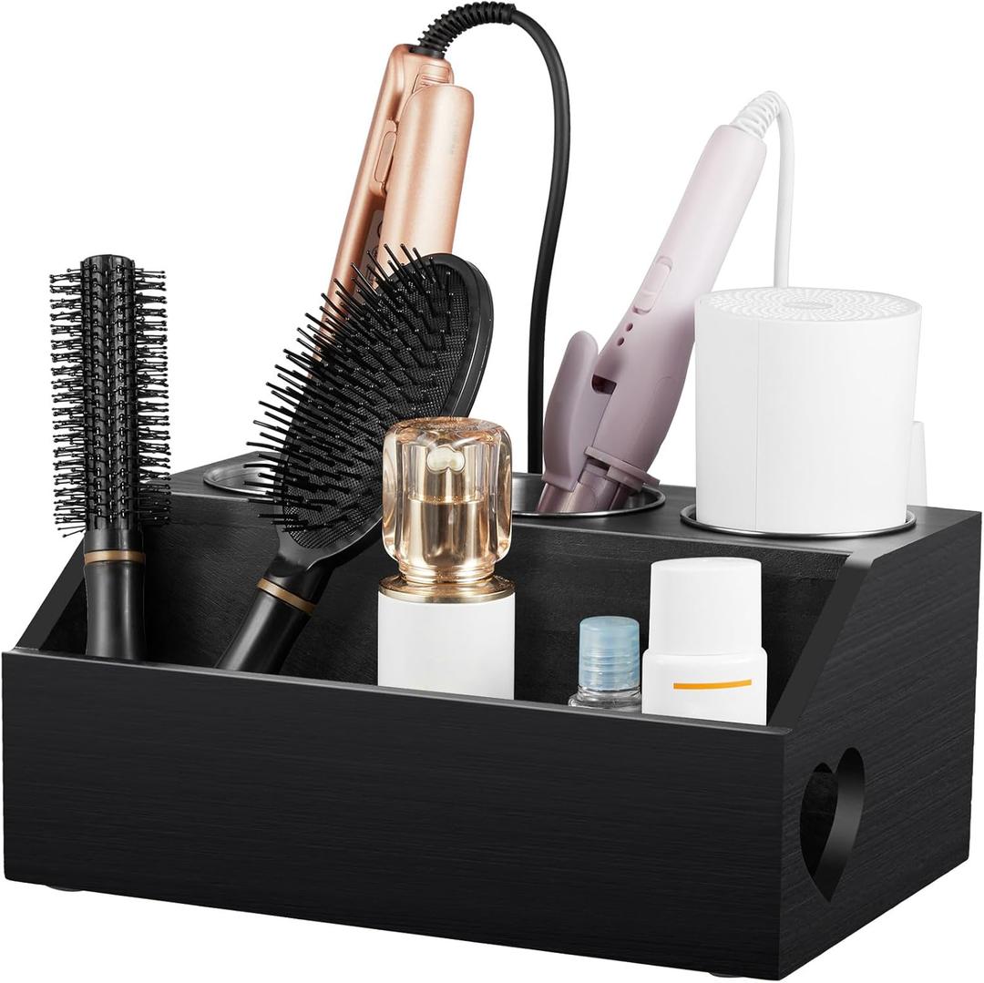 Bivvclaz Hair Tool Organizer, Wooden Hair Dryer Holder Wall Mount, Countertop Hot Tools Organizer for Hair Styling Accessories, Bathroom Supplies Vanity Caddy for Curling Wand, Blow Dryer, Black